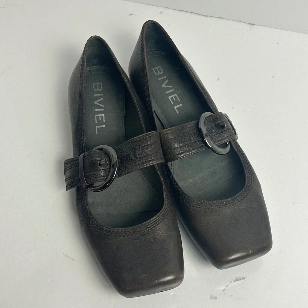Biviel Dark Brown Leather Square Toe Mary Jane Buckle Flats Womens 39 EU
